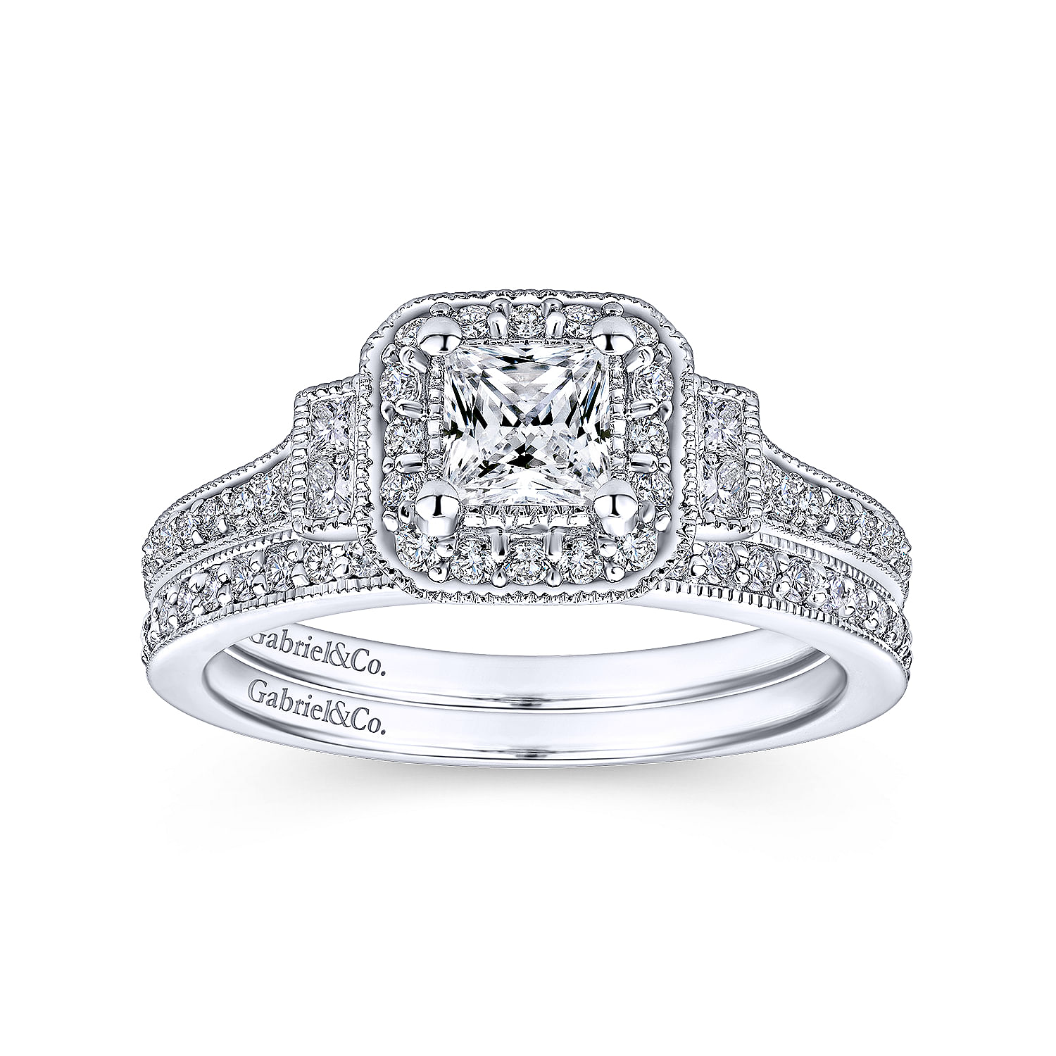 Vintage Inspired 14K White Gold Princess Halo Complete Diamond Channel Set Engagement Ring