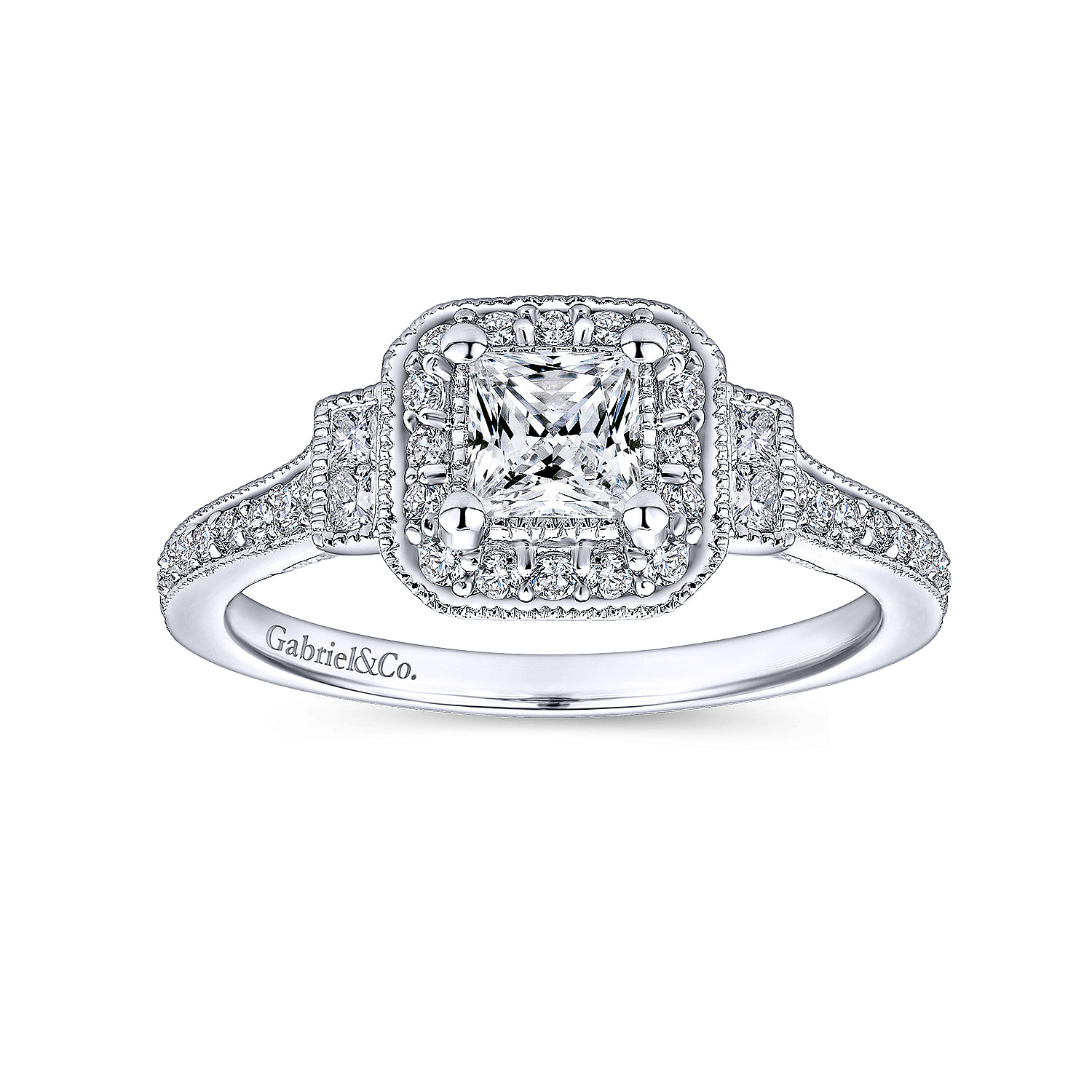 Vintage Inspired 14K White Gold Princess Halo Complete Diamond Channel Set Engagement Ring