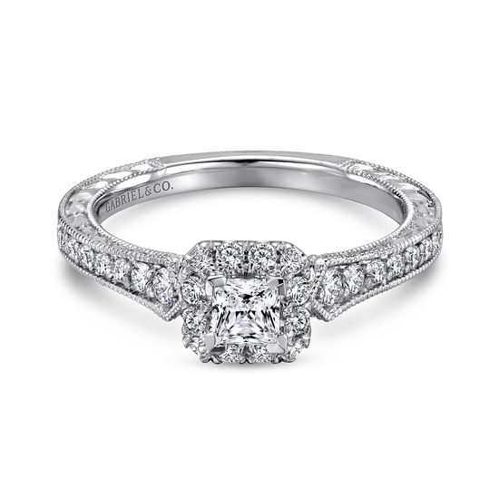 Gabriel - Vintage Inspired 14K White Gold Princess Halo Complete Diamond Engagement Ring