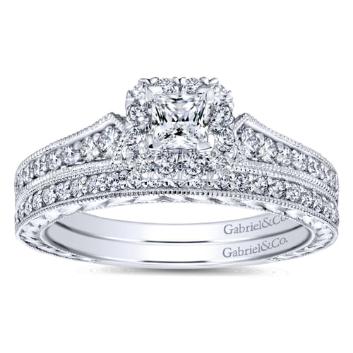 Vintage Inspired 14K White Gold Princess Halo Complete Diamond Engagement Ring