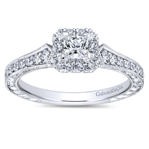 Vintage Inspired 14K White Gold Princess Halo Complete Diamond Engagement Ring