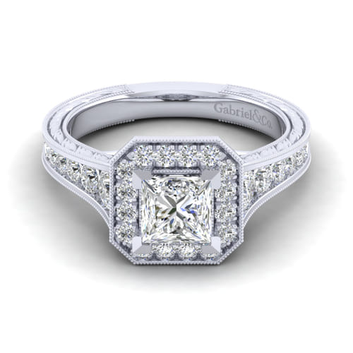 Vintage Inspired 14K White Gold Princess Halo Diamond Channel Set Engagement Ring
