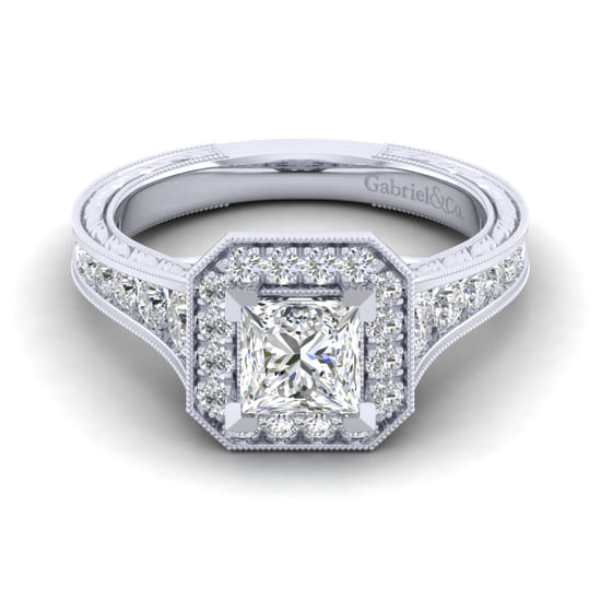 Gabriel - Vintage Inspired 14K White Gold Princess Halo Diamond Channel Set Engagement Ring