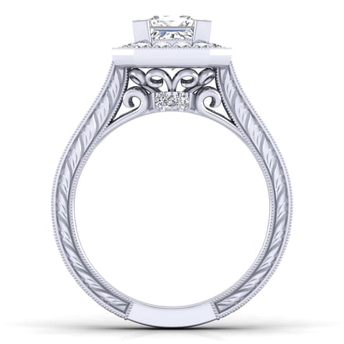 Vintage Inspired 14K White Gold Princess Halo Diamond Channel Set Engagement Ring