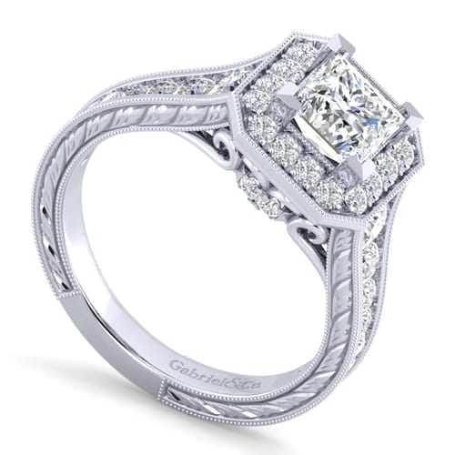 Vintage Inspired 14K White Gold Princess Halo Diamond Channel Set Engagement Ring