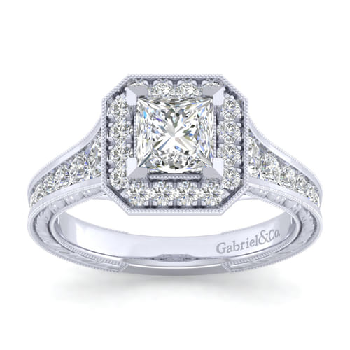 Vintage Inspired 14K White Gold Princess Halo Diamond Channel Set Engagement Ring