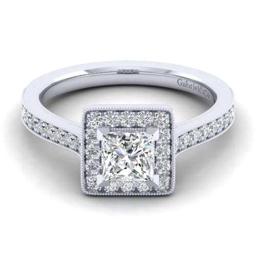 Vintage Inspired 14K White Gold Princess Halo Diamond Engagement Ring