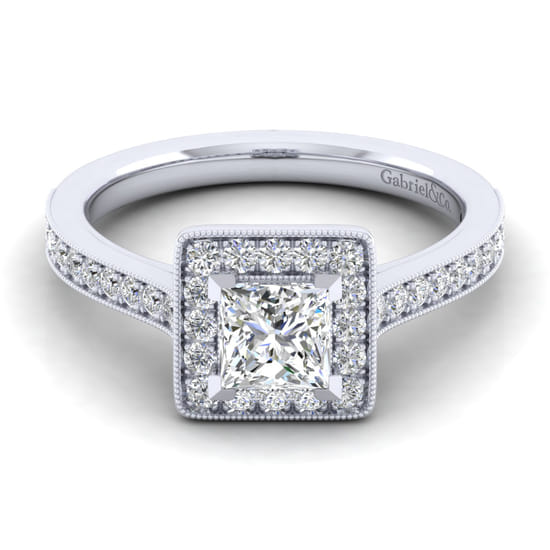 Gabriel - Vintage Inspired 14K White Gold Princess Halo Diamond Engagement Ring