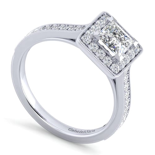 Vintage Inspired 14K White Gold Princess Halo Diamond Engagement Ring
