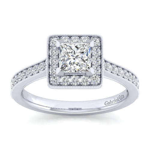 Vintage Inspired 14K White Gold Princess Halo Diamond Engagement Ring