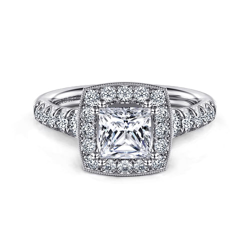 Vintage Inspired 14K White Gold Princess Halo Diamond Engagement Ring