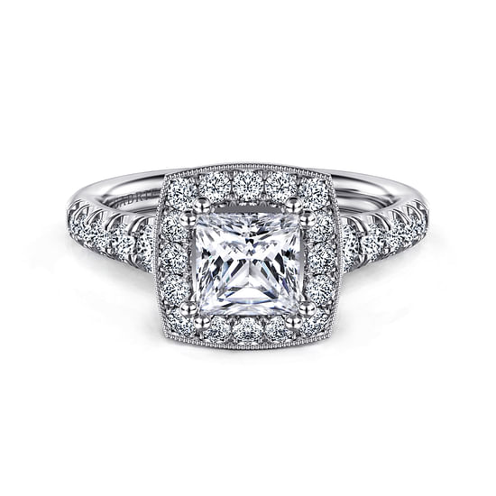 Gabriel - Vintage Inspired 14K White Gold Princess Halo Diamond Engagement Ring