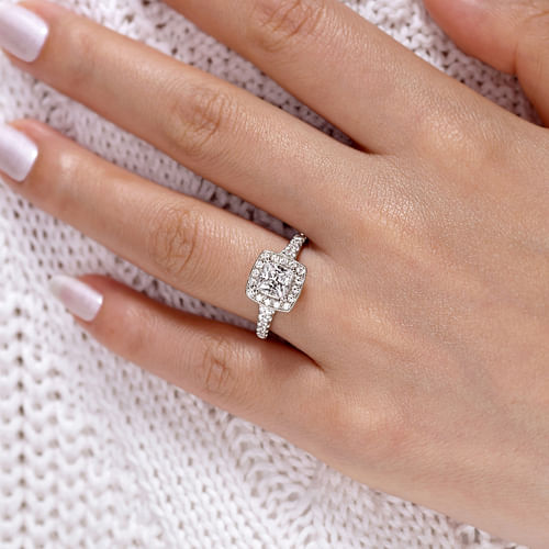 Vintage Inspired 14K White Gold Princess Halo Diamond Engagement Ring