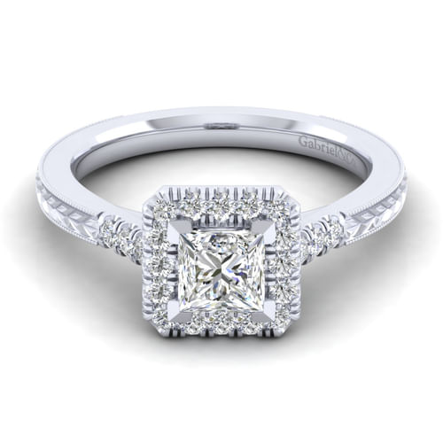 Vintage Inspired 14K White Gold Princess Halo Diamond Engagement Ring