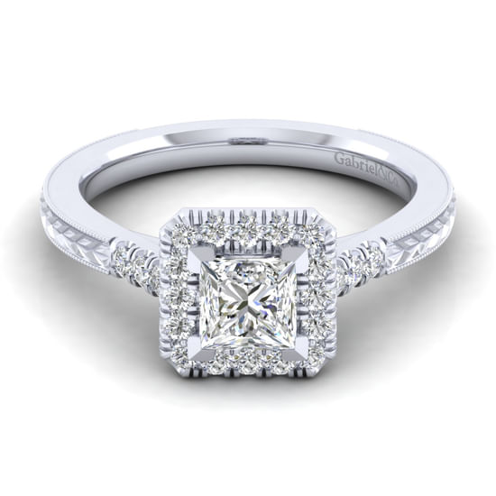 Gabriel - Vintage Inspired 14K White Gold Princess Halo Diamond Engagement Ring