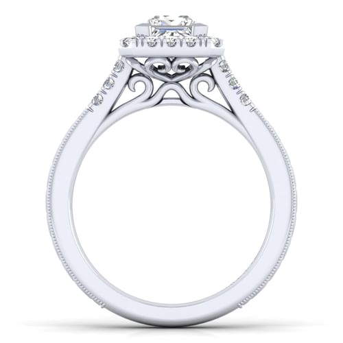 Vintage Inspired 14K White Gold Princess Halo Diamond Engagement Ring