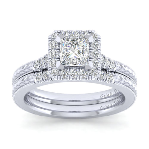 Vintage Inspired 14K White Gold Princess Halo Diamond Engagement Ring