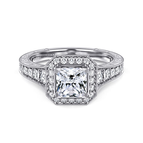 Vintage Inspired 14K White Gold Princess Halo Diamond Engagement Ring