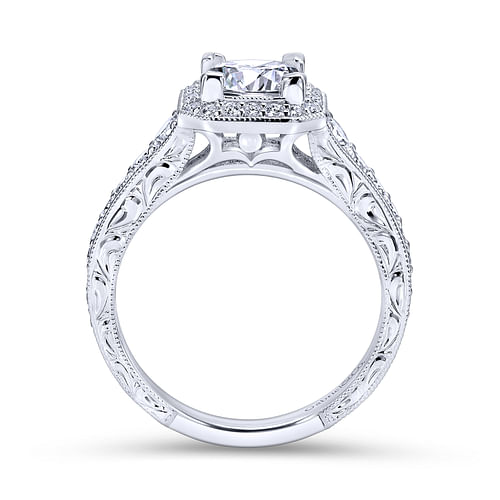 Vintage Inspired 14K White Gold Princess Halo Diamond Engagement Ring