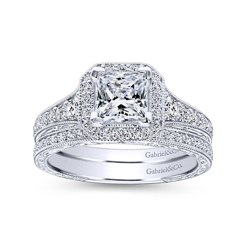 Vintage Inspired 14K White Gold Princess Halo Diamond Engagement Ring