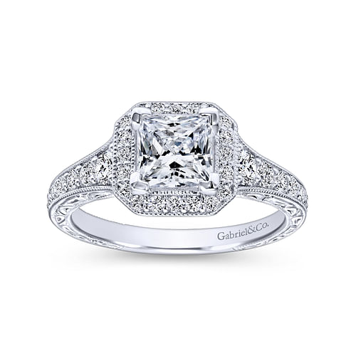 Vintage Inspired 14K White Gold Princess Halo Diamond Engagement Ring