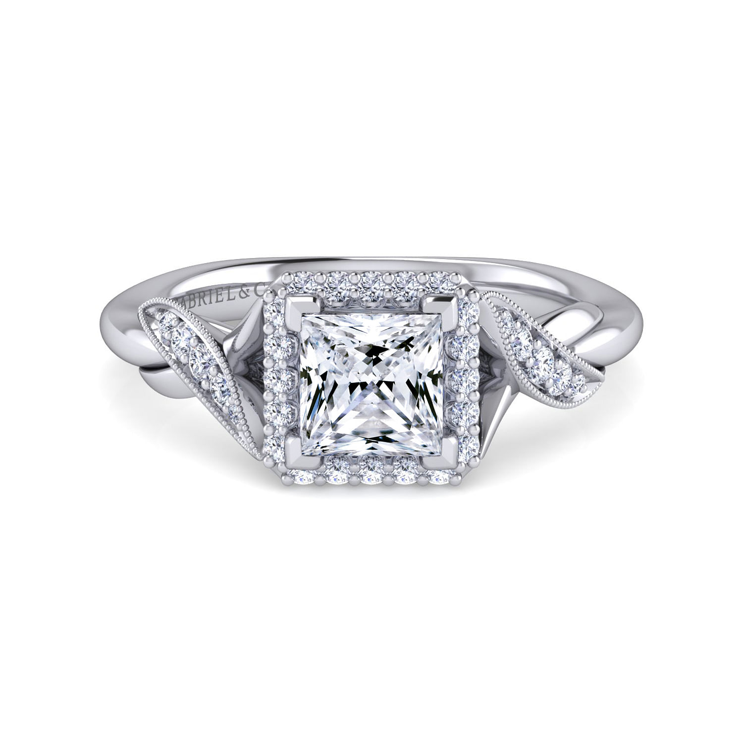 Gabriel - Vintage Inspired 14K White Gold Princess Halo Diamond Engagement Ring