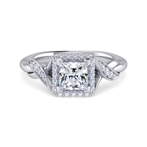 Vintage Inspired 14K White Gold Princess Halo Diamond Engagement Ring