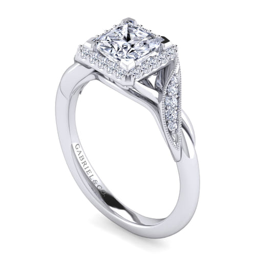 Vintage Inspired 14K White Gold Princess Halo Diamond Engagement Ring