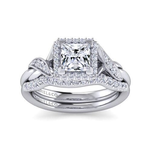 Vintage Inspired 14K White Gold Princess Halo Diamond Engagement Ring