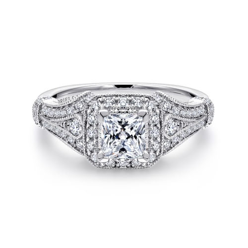 Vintage Inspired 14K White Gold Princess Halo Diamond Engagement Ring