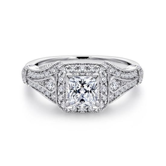 Gabriel - Vintage Inspired 14K White Gold Princess Halo Diamond Engagement Ring