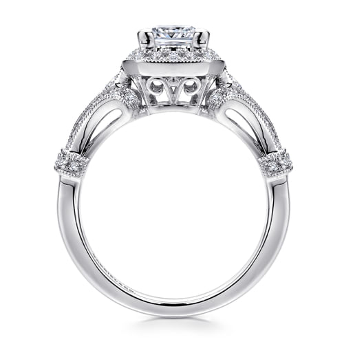 Vintage Inspired 14K White Gold Princess Halo Diamond Engagement Ring