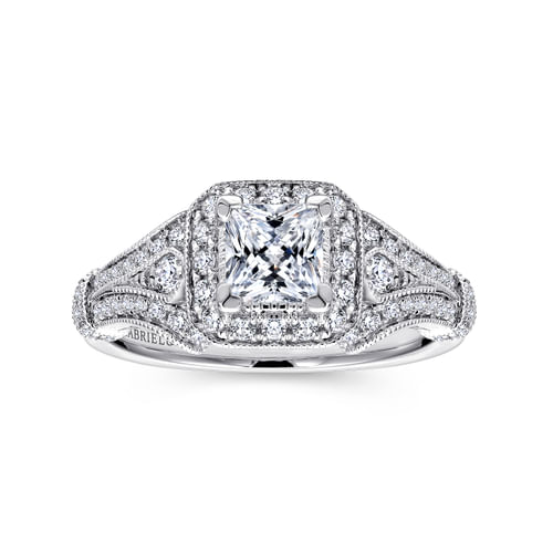 Vintage Inspired 14K White Gold Princess Halo Diamond Engagement Ring