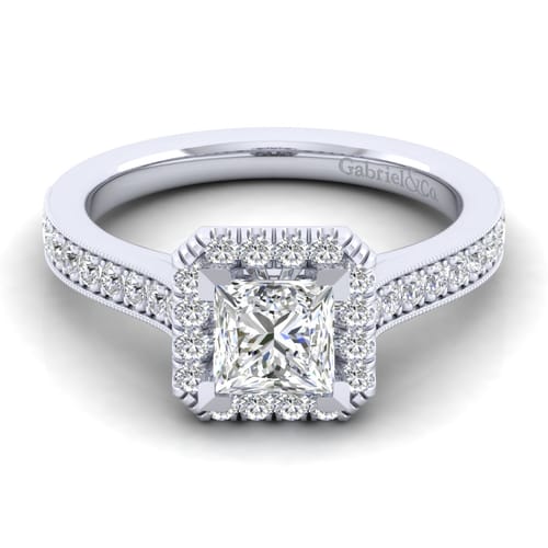 Vintage Inspired 14K White Gold Princess Halo Diamond Engagement Ring