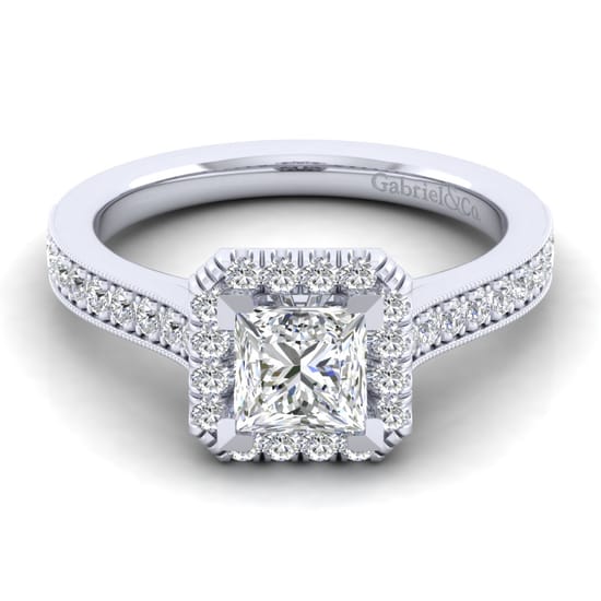 Gabriel - Vintage Inspired 14K White Gold Princess Halo Diamond Engagement Ring