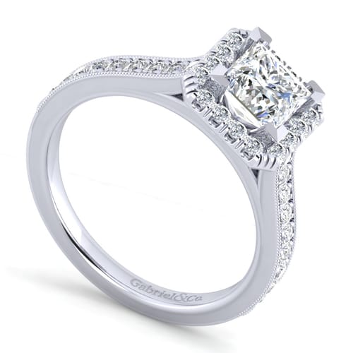 Vintage Inspired 14K White Gold Princess Halo Diamond Engagement Ring