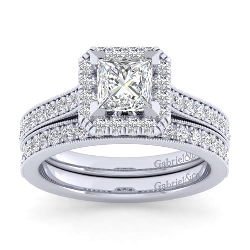 Vintage Inspired 14K White Gold Princess Halo Diamond Engagement Ring