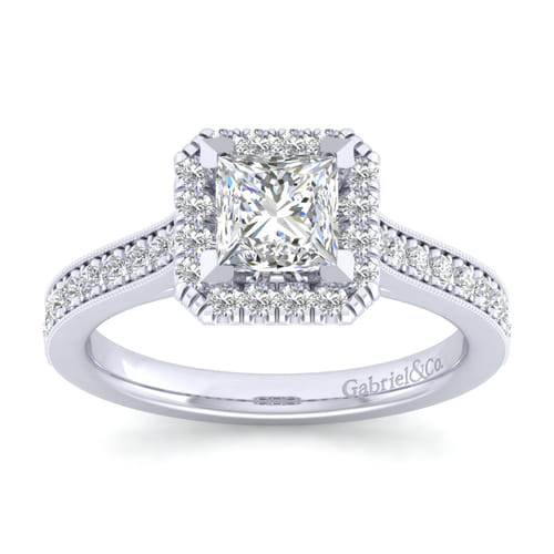 Vintage Inspired 14K White Gold Princess Halo Diamond Engagement Ring