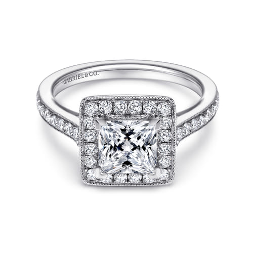 Vintage Inspired 14K White Gold Princess Halo Diamond Engagement Ring