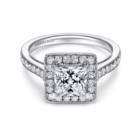 Gabriel - Vintage Inspired 14K White Gold Princess Halo Diamond Engagement Ring