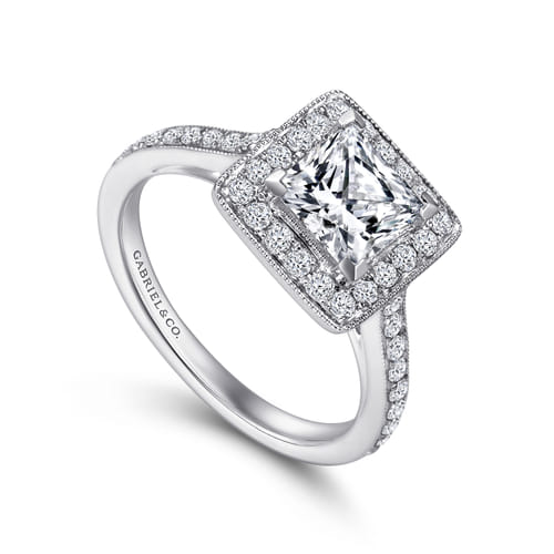 Vintage Inspired 14K White Gold Princess Halo Diamond Engagement Ring