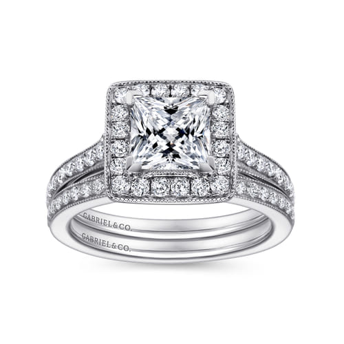 Vintage Inspired 14K White Gold Princess Halo Diamond Engagement Ring