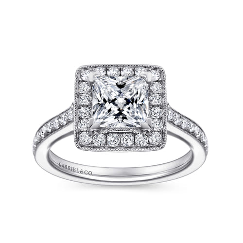Vintage Inspired 14K White Gold Princess Halo Diamond Engagement Ring