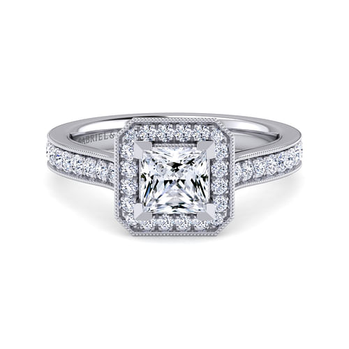 Vintage Inspired 14K White Gold Princess Halo Diamond Engagement Ring