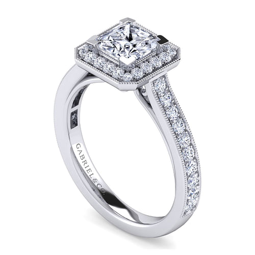 Vintage Inspired 14K White Gold Princess Halo Diamond Engagement Ring