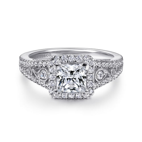 Vintage Inspired 14K White Gold Princess Halo Diamond Engagement Ring