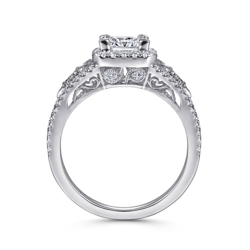 Vintage Inspired 14K White Gold Princess Halo Diamond Engagement Ring