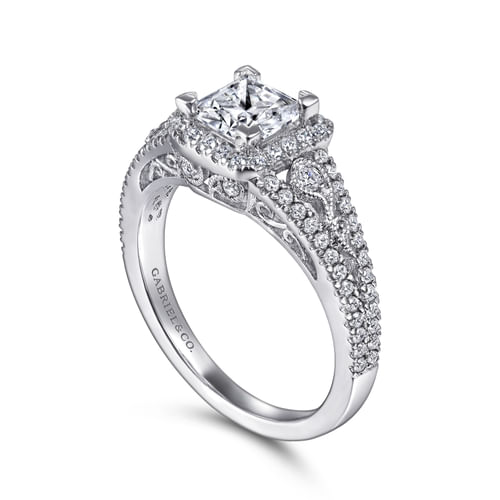 Vintage Inspired 14K White Gold Princess Halo Diamond Engagement Ring