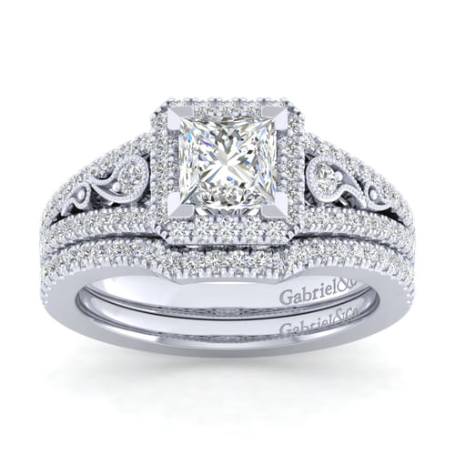 Vintage Inspired 14K White Gold Princess Halo Diamond Engagement Ring