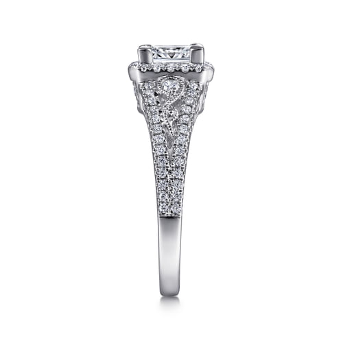 Vintage Inspired 14K White Gold Princess Halo Diamond Engagement Ring